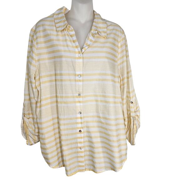 Chicos Shirt Women 2 US Large Button Yellow White Stripe Cotton Long Roll Sleeve - Picture 1 of 10